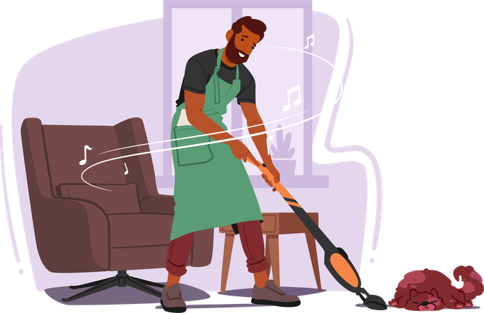 Homem limpando o chão com vassoura  Ilustração