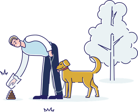 Homem limpando cocô de cachorro mantendo a natureza limpa  Ilustração