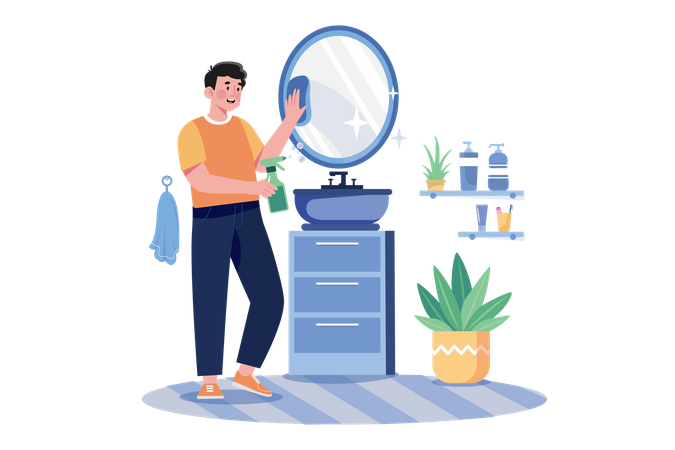 Homem limpando espelho no banheiro  Ilustração