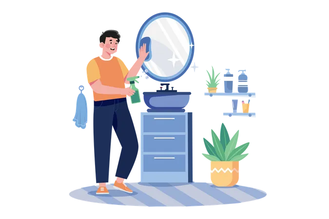 Homem Limpando Espelho No Banheiro Ilustração