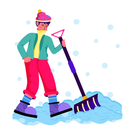 Homem limpando neve com pá  Ilustração