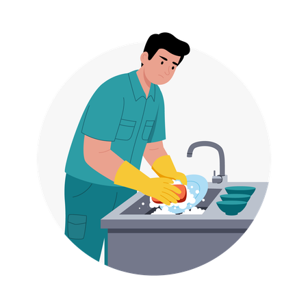 Homem limpando pia de cozinha  Ilustração