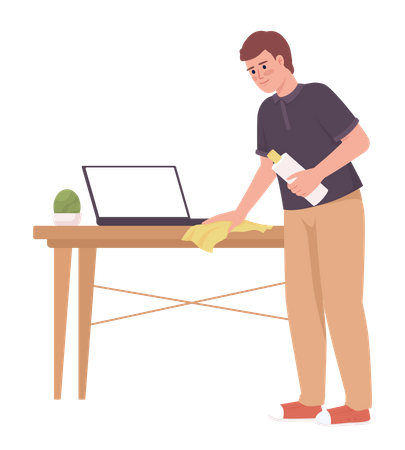 Homem limpando a superfície da mesa de madeira com pano  Ilustração