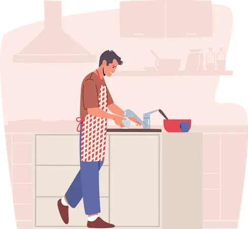 Homem limpando utensílios de cozinha  Ilustração