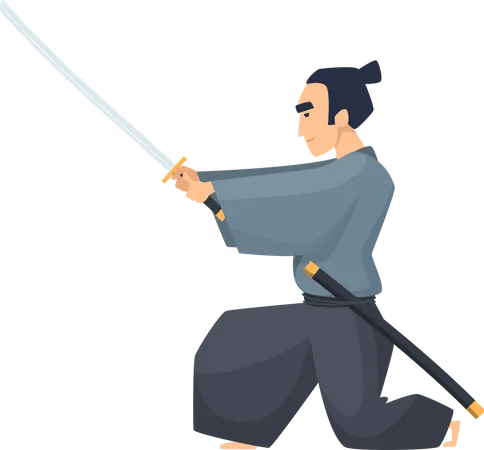 Homem lutador asiático segurando katana  Ilustração