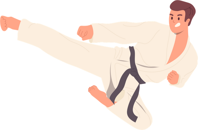 Homem lutador vestindo quimono pulando atacando com chute  Ilustração