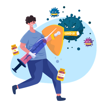 Homem lutando com vírus corona  Illustration