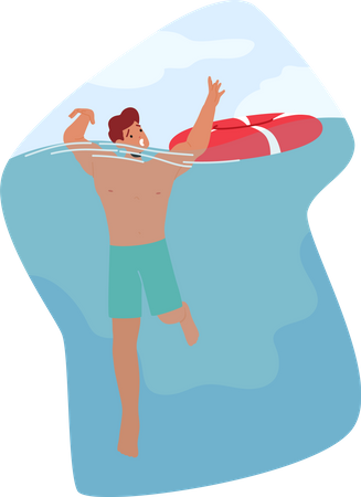 Homem lutando submergindo na água com os braços levantados em desespero  Ilustração