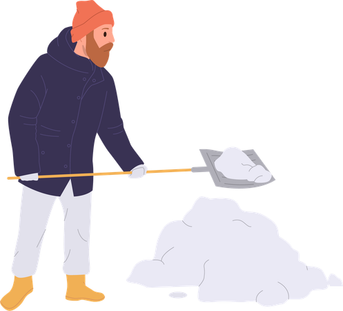 Homem maduro cavando neve, removendo montes de neve do quintal ou da estrada  Ilustração