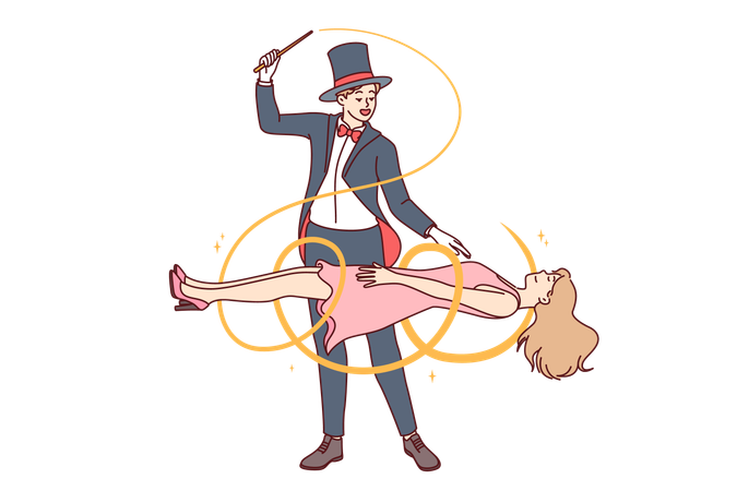 Mágico demonstra truque de mágica fazendo assistente de mulher levitar durante apresentação de circo  Ilustração
