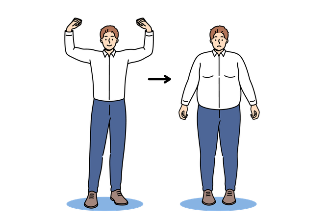 Homem magro orgulhoso de se livrar da obesidade e do excesso de peso graças à transformação do estilo de vida  Illustration