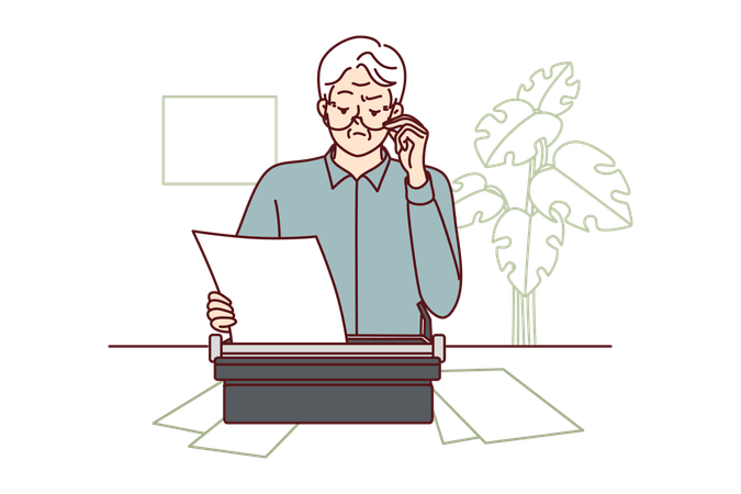Homem mais velho usa máquina de escrever e trabalha como escritor  Ilustração