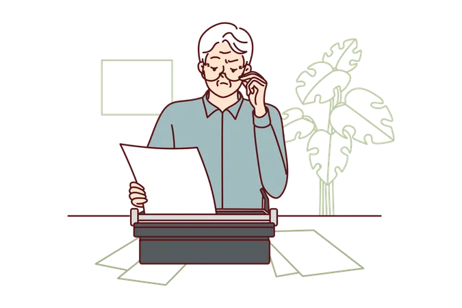 Homem mais velho usa máquina de escrever e trabalha como escritor  Ilustração