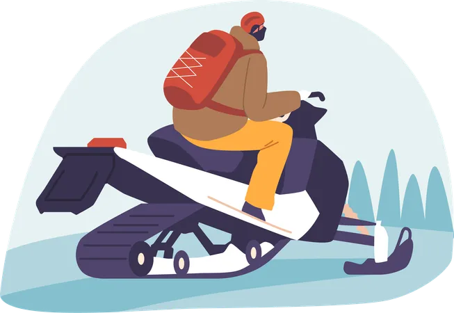 Homem manobra o snowmobile pela paisagem imaculada do inverno  Ilustração