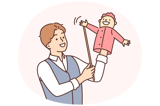 Homem marionetista se preparando para subir ao palco para mostrar teatro infantil com marionetes operadas manualmente  Ilustração