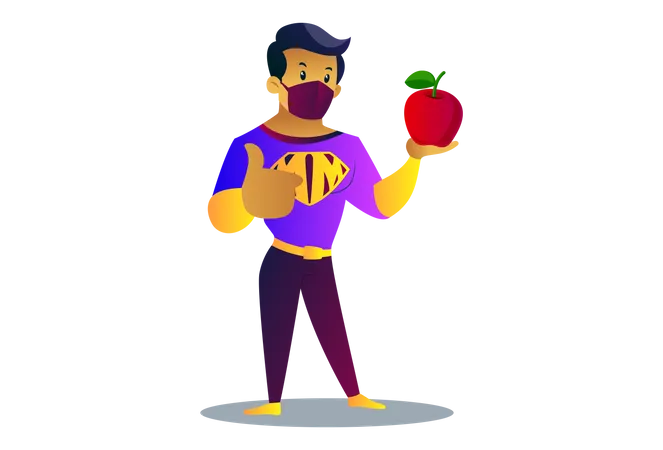 O homem da máscara mostra maçã para aumentar a imunidade  Ilustração