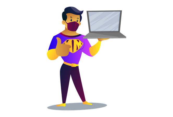 O homem da máscara está segurando o laptop na mão  Ilustração