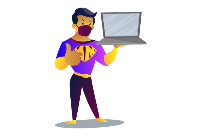 O homem da máscara está segurando o laptop na mão  Ilustração