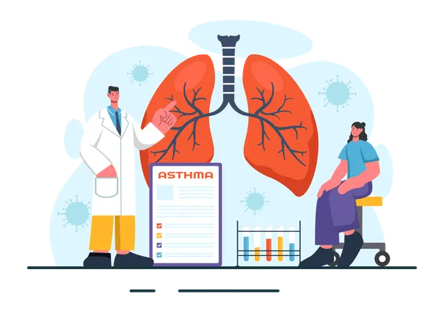 Médico masculino explica relatório de asma ao paciente  Ilustração