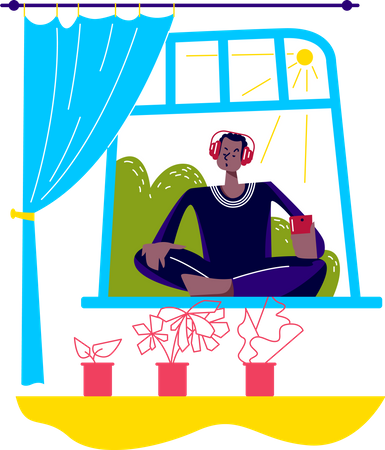 Homem meditando em casa ouvindo música  Ilustração