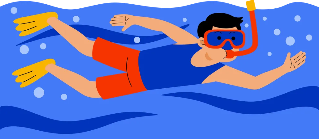 Homem mergulhando com snorkel no mar  Ilustração