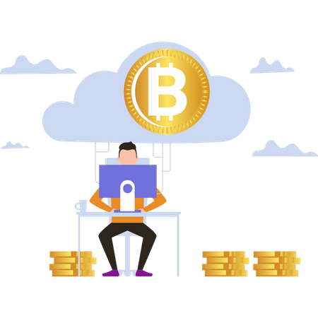 Homem minerando bitcoin via mineração em nuvem  Ilustração