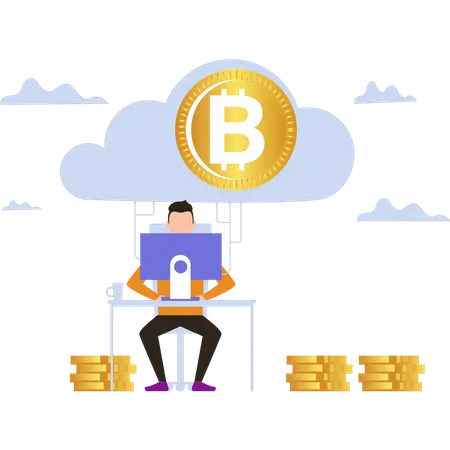 Homem minerando bitcoin via mineração em nuvem  Ilustração
