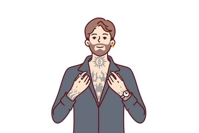 Homem moderno com tatuagens no corpo  Ilustração