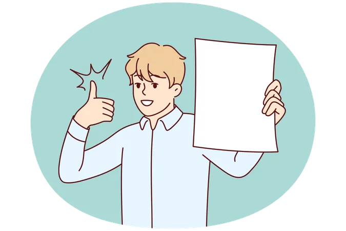 Homem mostra uma folha de papel branca e levanta o polegar recomendando uma oferta de investimento interessante  Ilustração