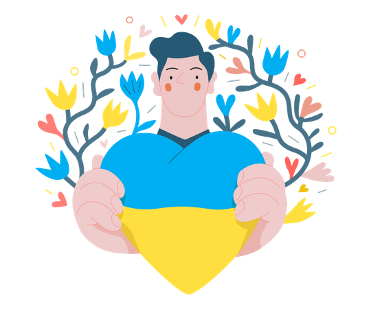 Homem mostrando o coração colorido da bandeira ucraniana  Ilustração