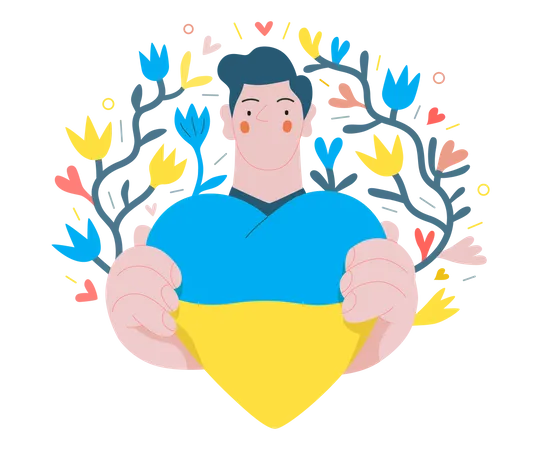 Guerra E Paz Coracao Ucraniano Ilustracao Digital Do Conceito Moderno De Vetor Plano De Um Jovem Segurando O Coracao Colorido Da Bandeira Ucraniana Cartaz Anti Guerra Criativo Ilustração