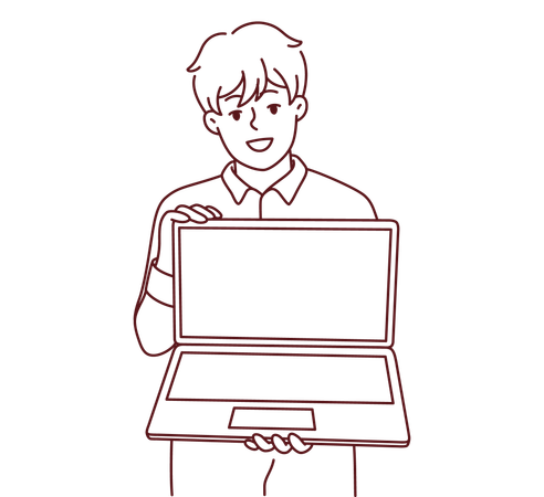 Homem mostrando a tela do laptop  Ilustração