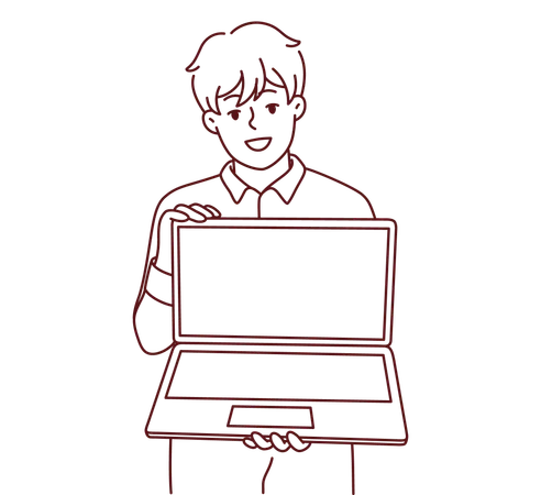 Homem mostrando a tela do laptop  Ilustração