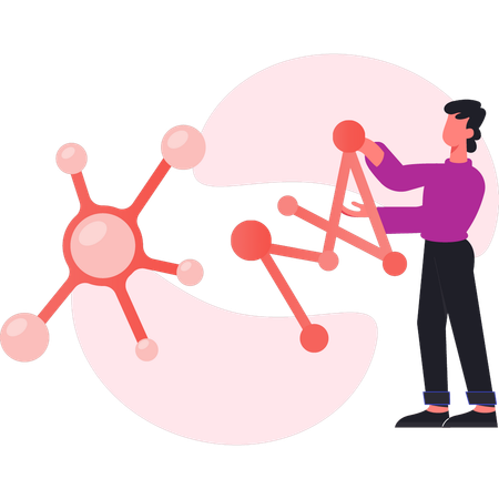 Homem mostrando átomo molecular  Ilustração