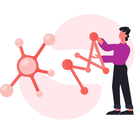 Homem mostrando átomo molecular  Ilustração