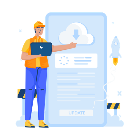 Homem mostrando atualizações de download  Ilustração