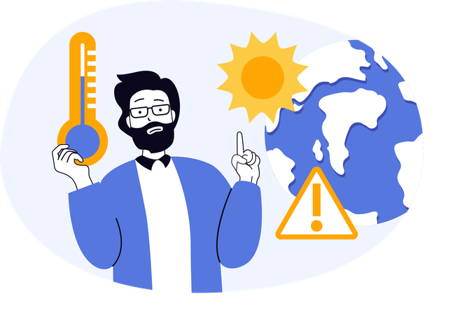 Homem mostrando aumento de temperatura devido à poluição  Ilustração