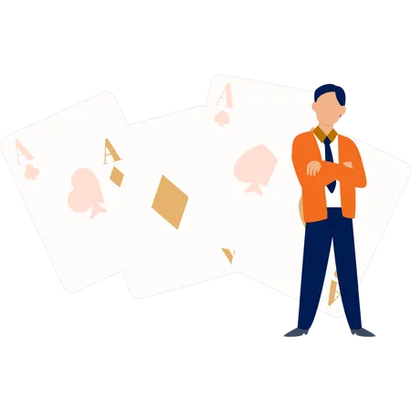 Homem mostrando diferentes cartas de jogo  Ilustração