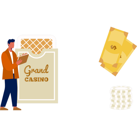 Homem mostrando cartas do Grand Casino  Ilustração