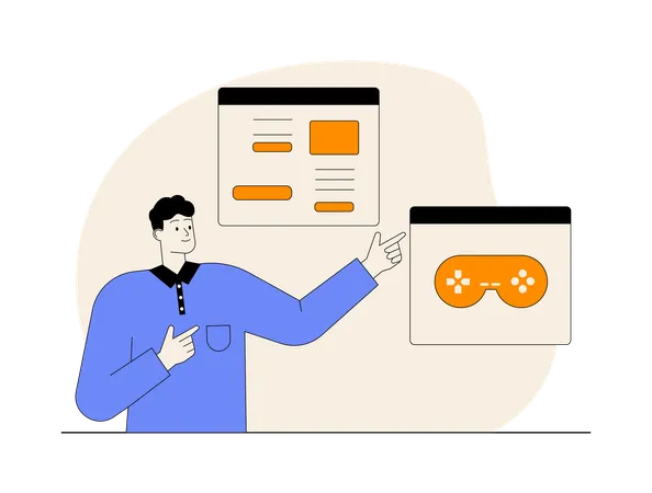 Homem mostrando codificação de videogame  Ilustração