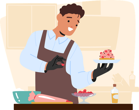 Homem mostrando cuidadosamente cobertura de cupcake  Ilustração