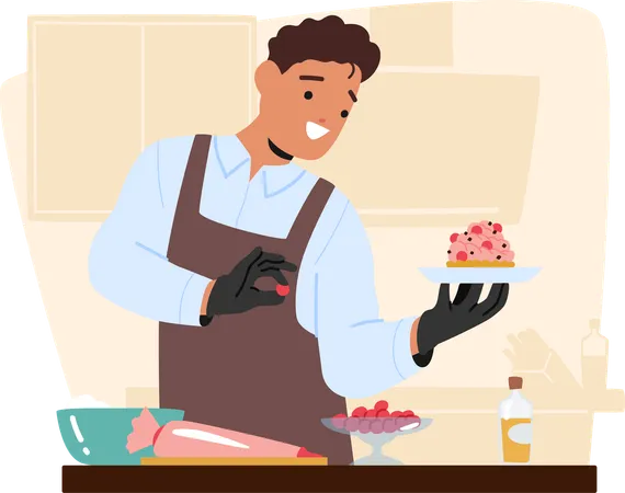 Homem mostrando cuidadosamente cobertura de cupcake  Ilustração