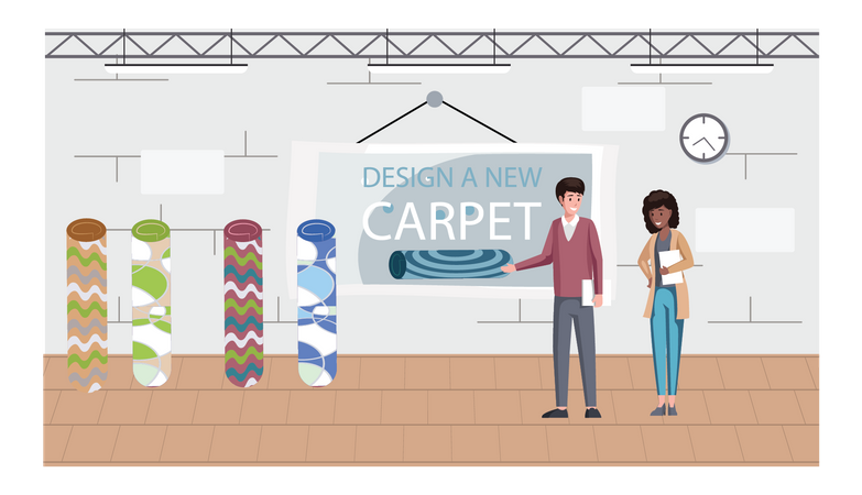 Homem mostrando design de carpete para cliente  Ilustração