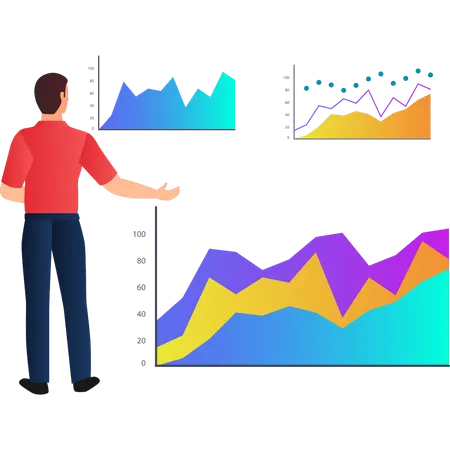 Homem mostrando estatísticas financeiras  Ilustração