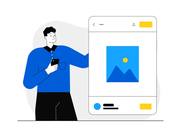 Homem mostrando foto da galeria  Ilustração