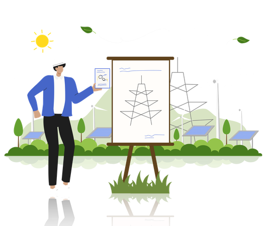 Homem mostrando planejamento e design sustentáveis com foco em energia verde  Ilustração