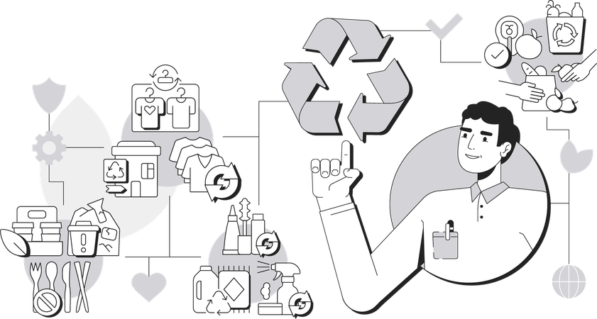 Homem mostrando processo de desperdício zero  Ilustração