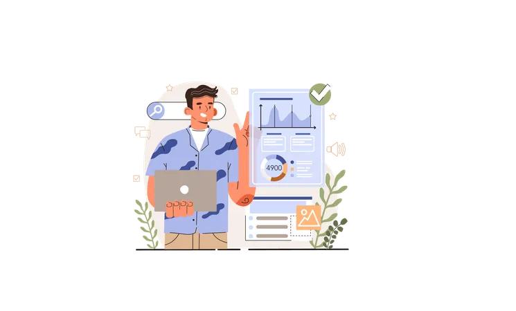 Homem mostrando relatório de SEO  Ilustração