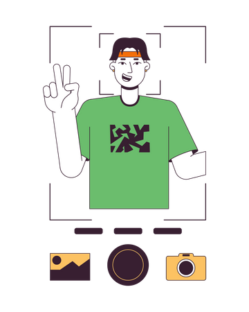 Homem mostrando sinal v e tirando foto  Ilustração