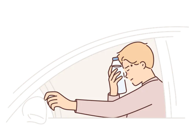 Motorista sente dor de cabeça colocando garrafa de água na testa e fecha os olhos sentado ao volante do carro  Ilustração